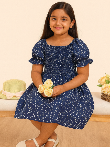 Glamgait Navy Blue Floral Printed Short Sleeve Midi Baby Dress