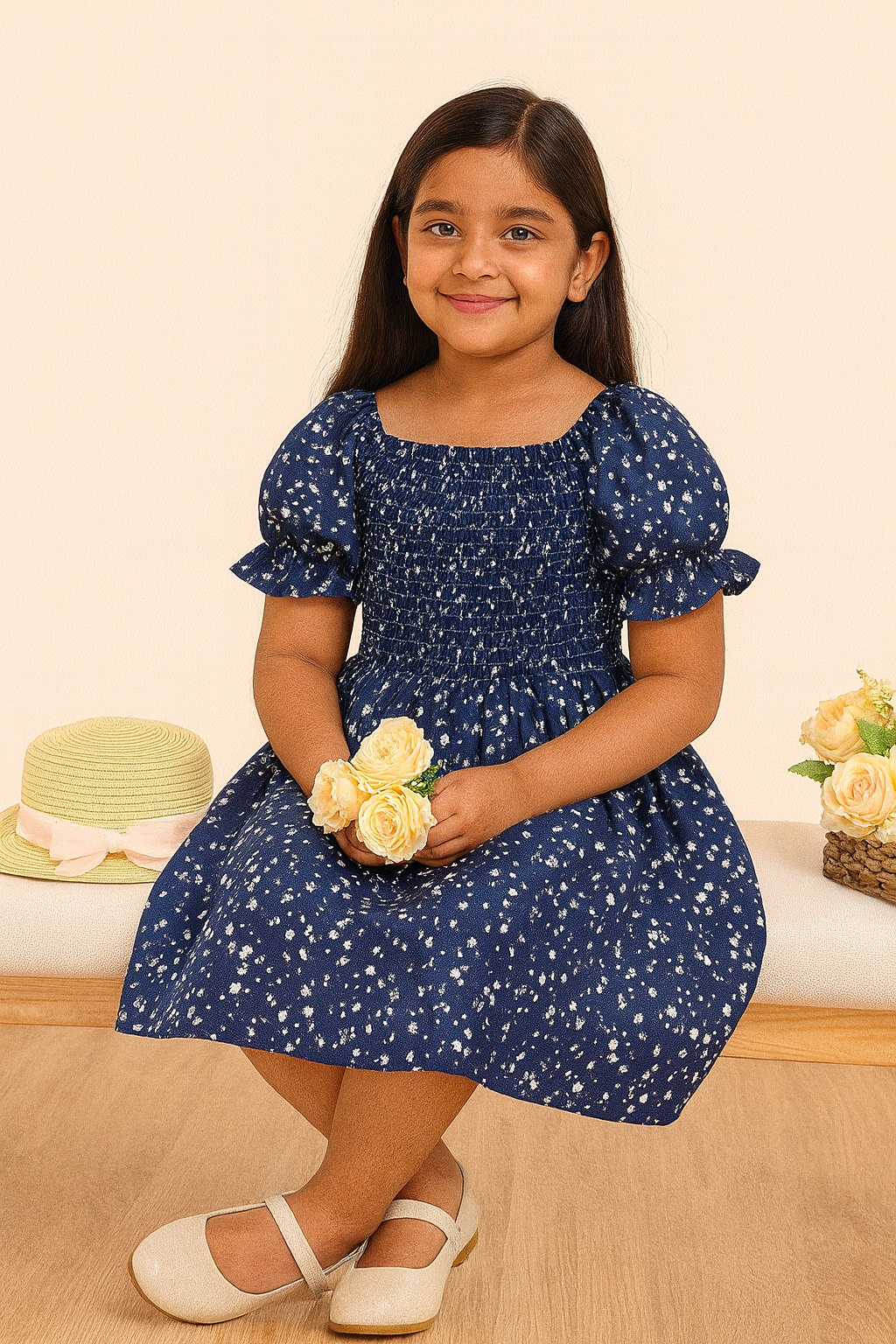 Glamgait Navy Blue Floral Printed Short Sleeve Midi Baby Dress