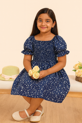 Glamgait Navy Blue Floral Printed Short Sleeve Midi Baby Dress