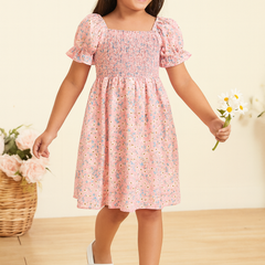 Glamgait Pink Flower Printed Short Sleeve Kids Dress