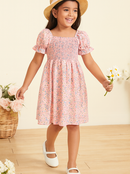 Glamgait Pink Flower Printed Short Sleeve Kids Dress