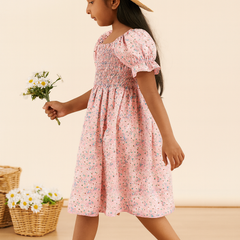 Glamgait Pink Flower Printed Short Sleeve Kids Dress