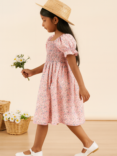 Glamgait Pink Flower Printed Short Sleeve Kids Dress