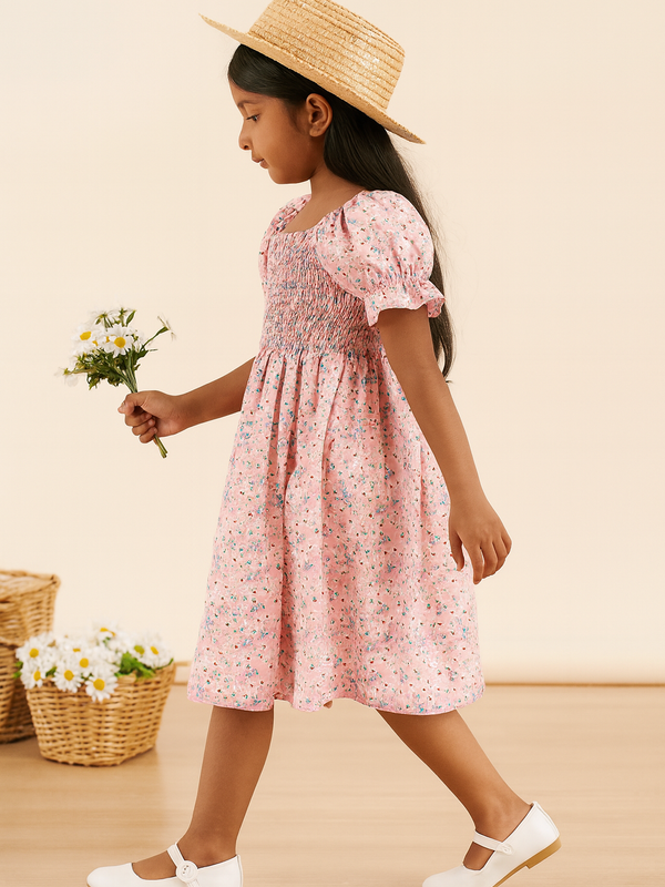 Glamgait Pink Flower Printed Short Sleeve Kids Dress