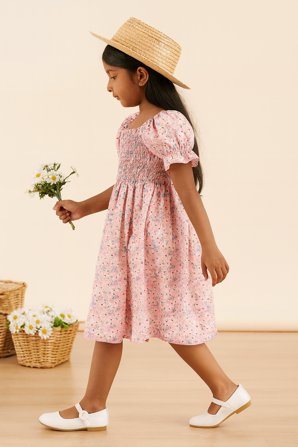 Glamgait Pink Flower Printed Short Sleeve Kids Dress