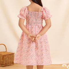 Glamgait Pink Flower Printed Short Sleeve Kids Dress