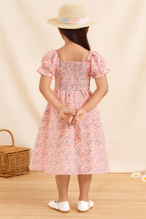 Glamgait Pink Color Flower Printed Short Sleeve Midi Girls Dress