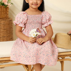 Glamgait Pink Flower Printed Short Sleeve Kids Dress
