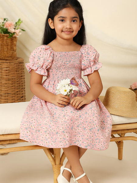 Glamgait Pink Flower Printed Short Sleeve Kids Dress