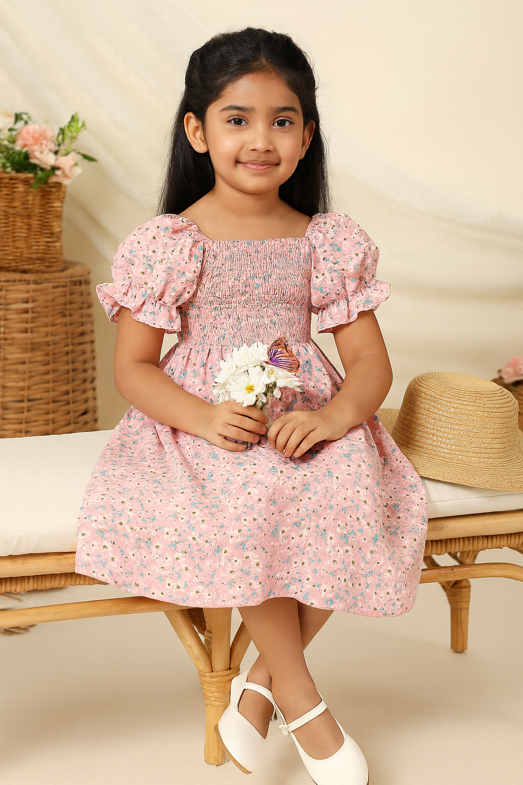 Glamgait Pink Flower Printed Short Sleeve Kids Dress