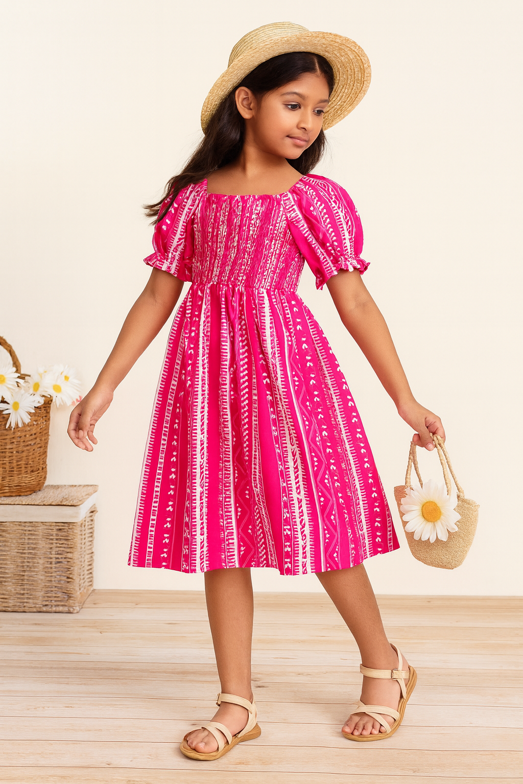 Glamgait Pink Color Printed Short Sleeve Midi Kids Dress