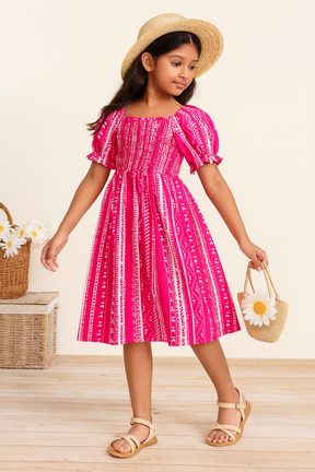 Glamgait Pink Color Printed Short Sleeve Midi Kids Dress