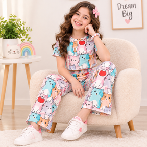  Girls Multicolor Cat Print Co-Ord Set