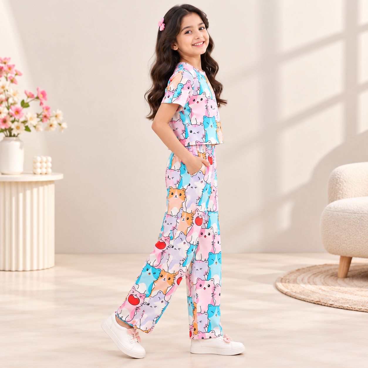  Girls Multicolor Cat Print Co-Ord Set