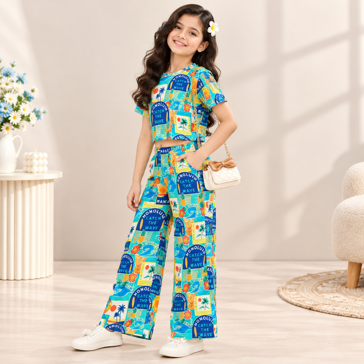 Girls Multicolor Hawaiian Print Co-Ord Set