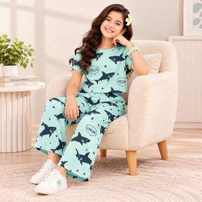 Girls Mint Green Shark Print Co-Ord Set with Crop Top & Wide Leg Pants