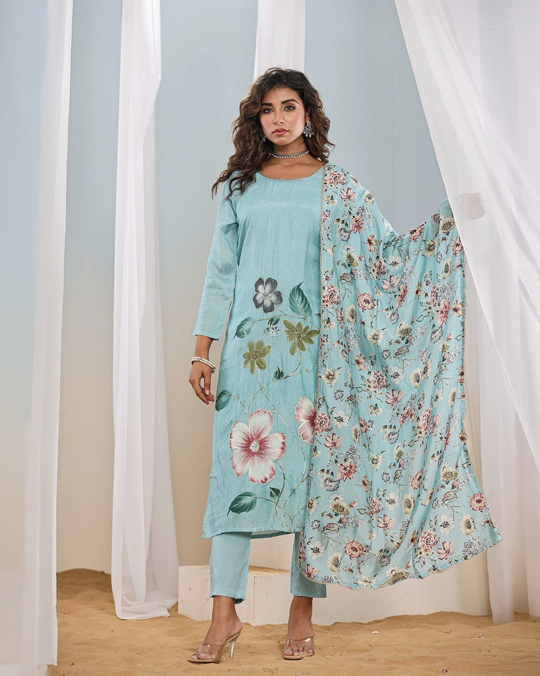 Pastel Blue Floral Kurta Set with Dupatta for Women