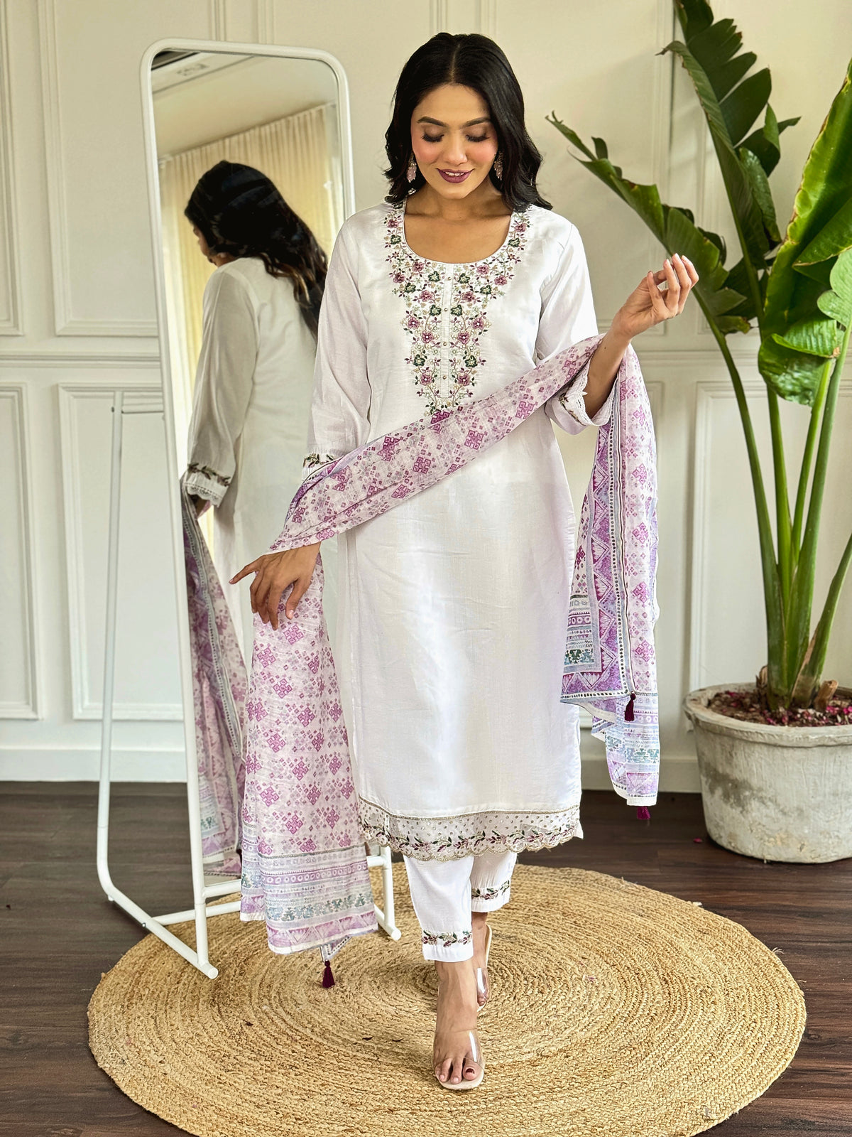 White Embroidered Kurta Set with Pink Dupatta for Women