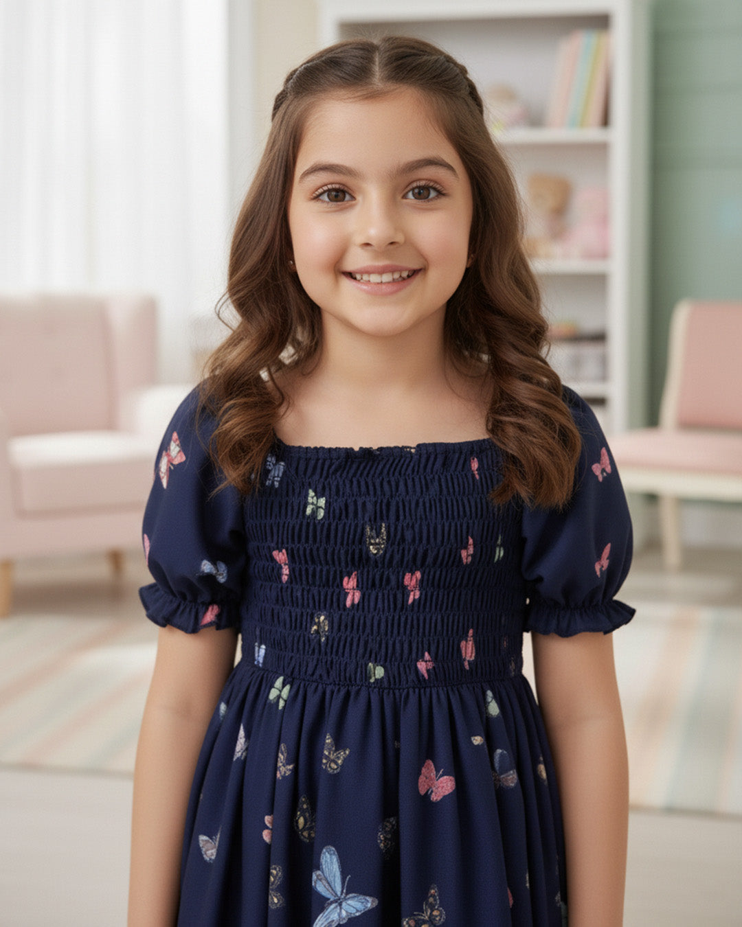 Girls Navy Blue Butterfly Print Puff Sleeve Party Dress