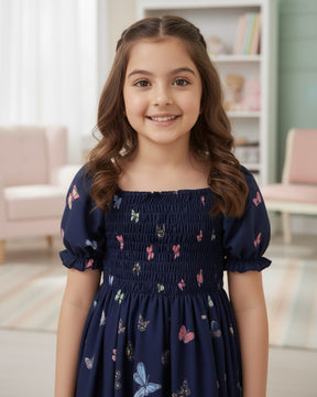 Girls Navy Blue Butterfly Print Puff Sleeve Party Dress