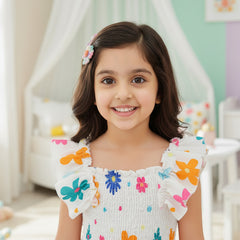 Girls White Floral Print Ruffle Sleeve Party Dress