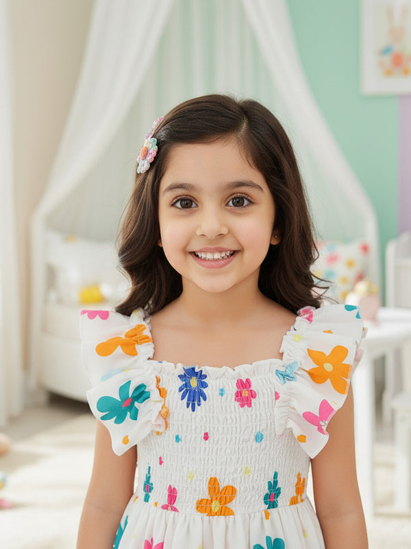 Girls White Floral Print Ruffle Sleeve Party Dress