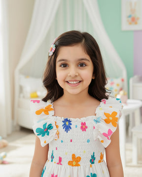 Girls White Floral Print Ruffle Sleeve Party Dress