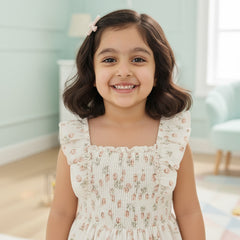 Girls Cream Floral Print Ruffle Sleeve Party Dress