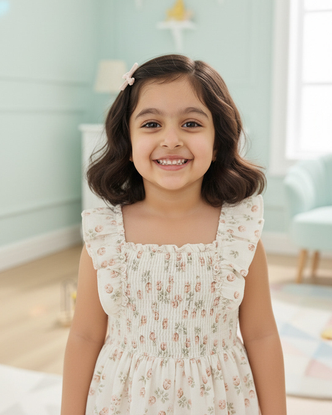 Girls Cream Floral Print Ruffle Sleeve Party Dress