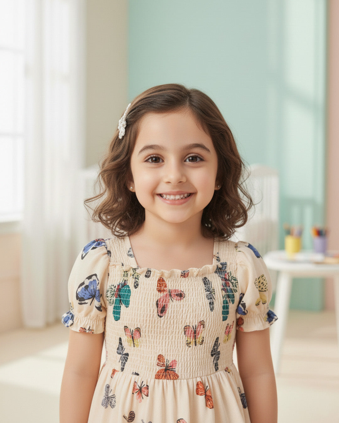 Glamgait Cream Color Butterfly Printed Short Sleeve Kids Dress