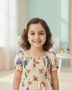 Glamgait Cream Color Butterfly Printed Short Sleeve Kids Dress