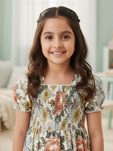 Girls Vintage Floral Puff-Sleeve Smocked Cotton Dress with Ruffle Hem