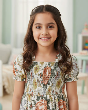 Girls Vintage Floral Puff-Sleeve Smocked Cotton Dress with Ruffle Hem