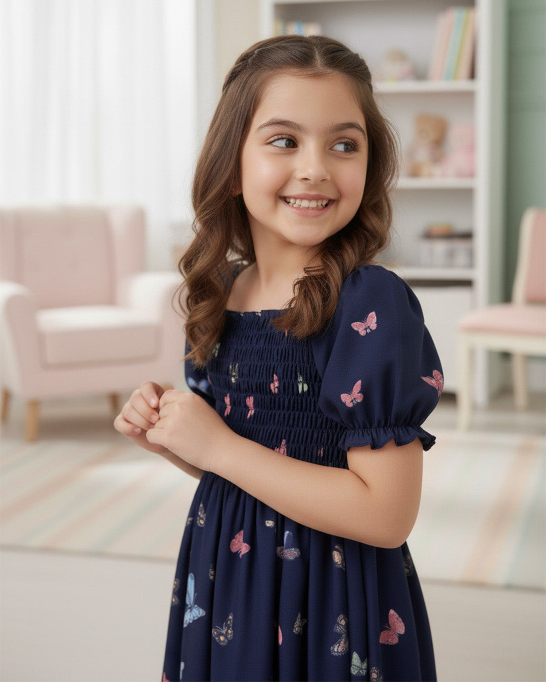 Girls Navy Blue Butterfly Print Puff Sleeve Party Dress