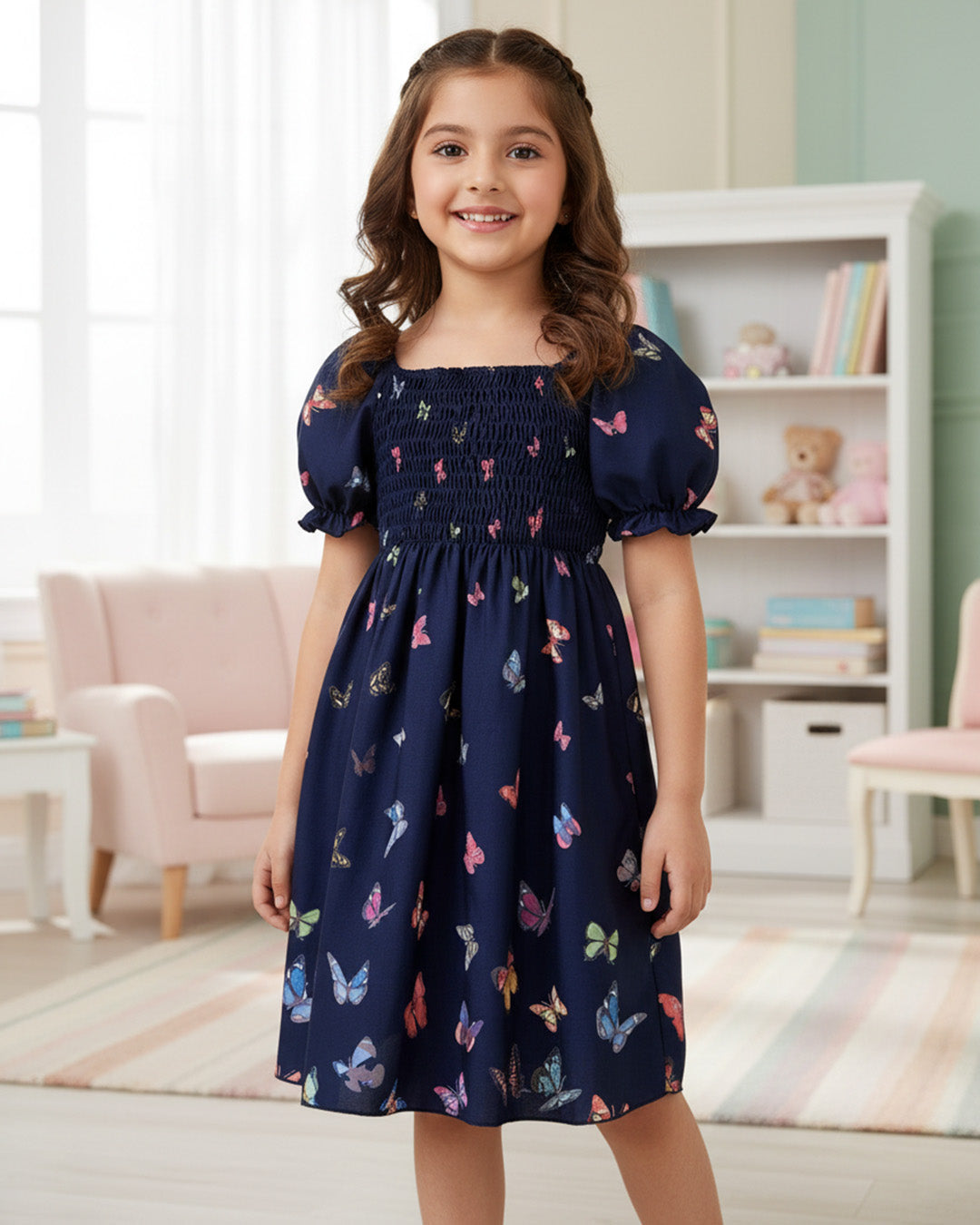 Girls Navy Blue Butterfly Print Puff Sleeve Party Dress