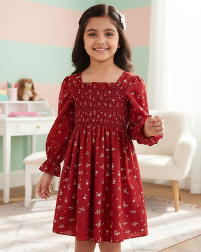Girls Maroon Floral Long-Sleeve Smocked Cotton Dress – Elegant Party & Casual Wear