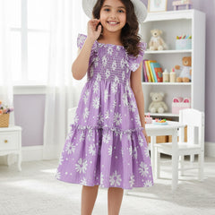 Girls Lavender Daisy Print Ruffle Sleeve Party Dress