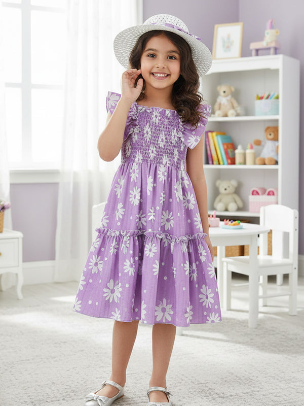 Girls Lavender Daisy Print Ruffle Sleeve Party Dress