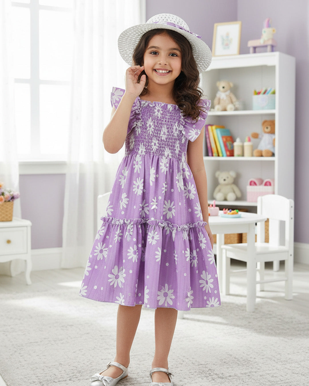Girls Lavender Daisy Print Ruffle Sleeve Party Dress