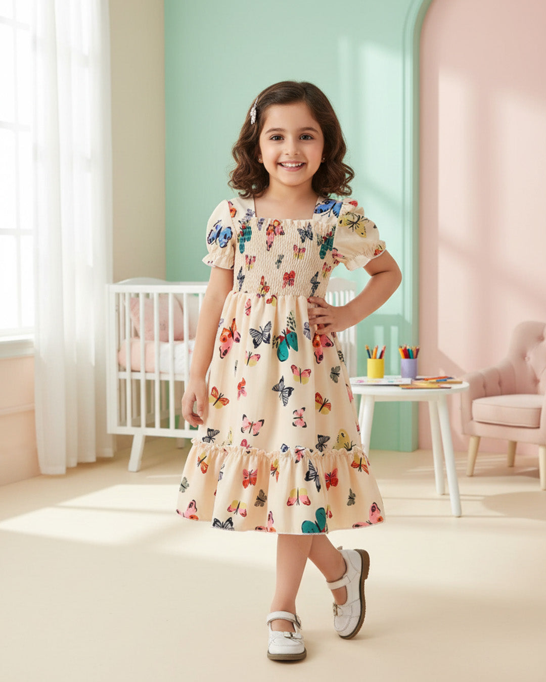 Glamgait Cream Color Butterfly Printed Short Sleeve Kids Dress