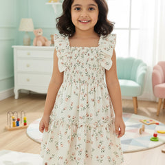 Girls Cream Floral Print Ruffle Sleeve Party Dress