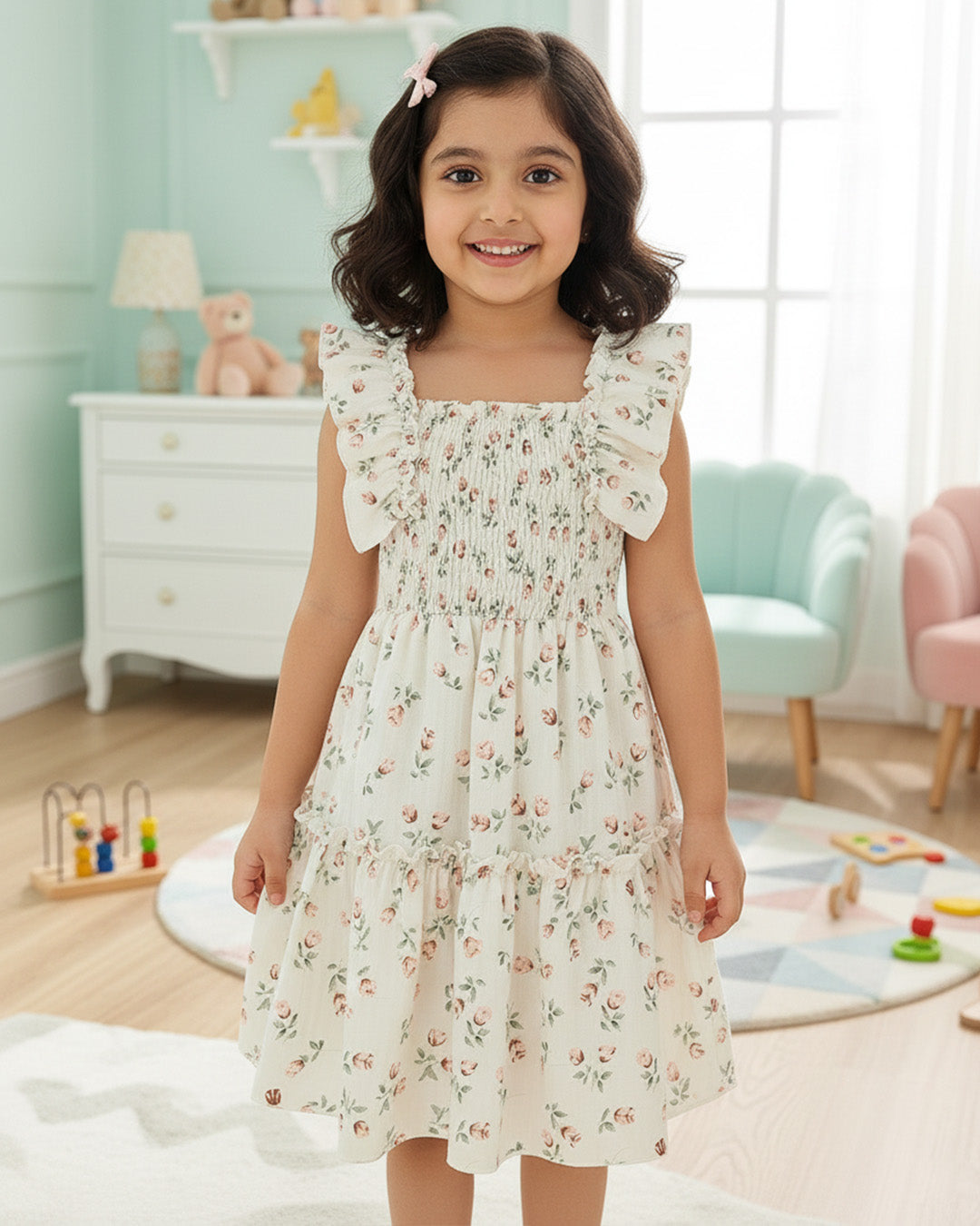 Girls Cream Floral Print Ruffle Sleeve Party Dress