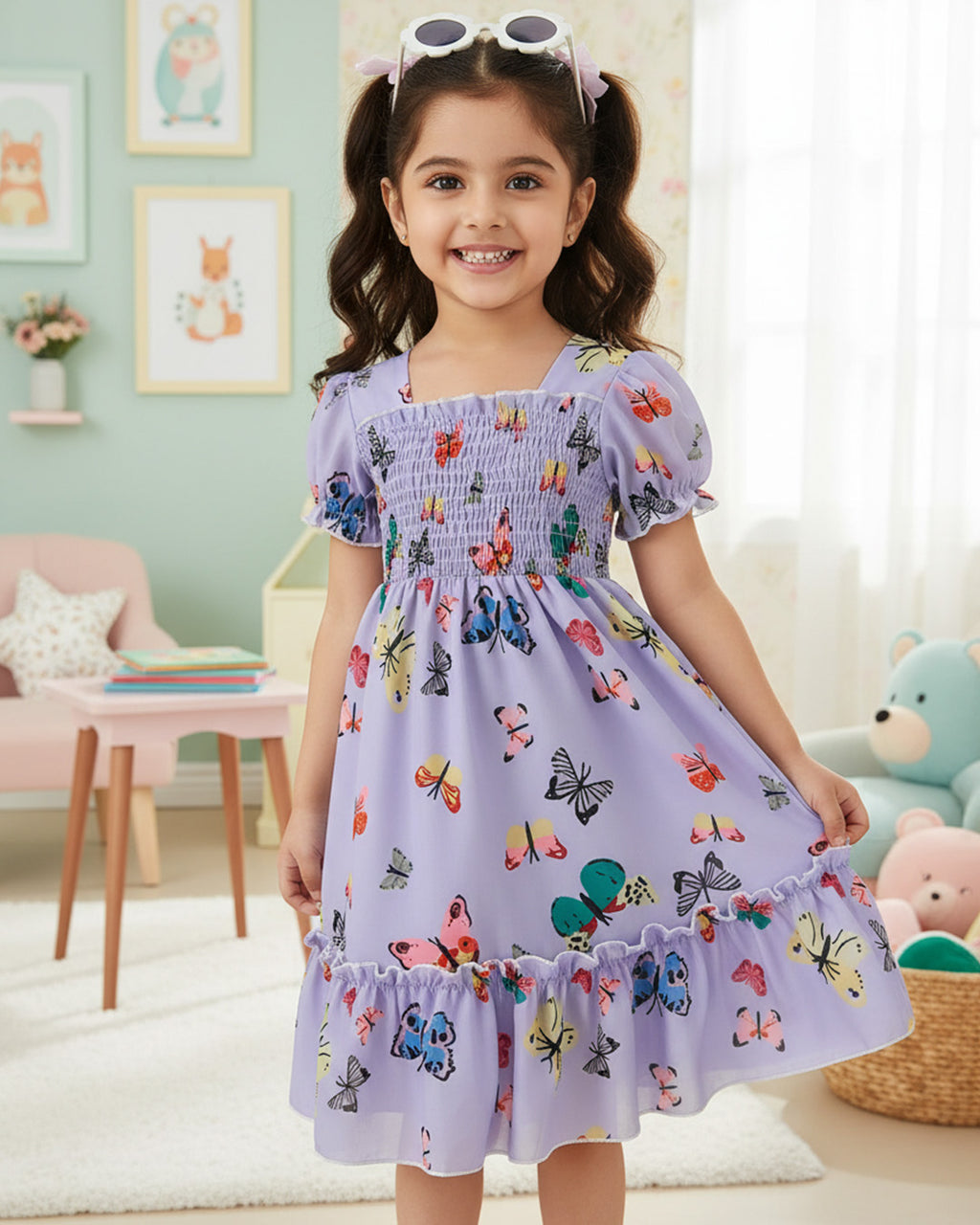 Glamgait Purple Color Butterfly Printed Short Sleeve Kids Dress