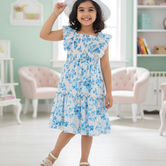 Glamgait White Floral Printed Flared Sleeve Girls Dress