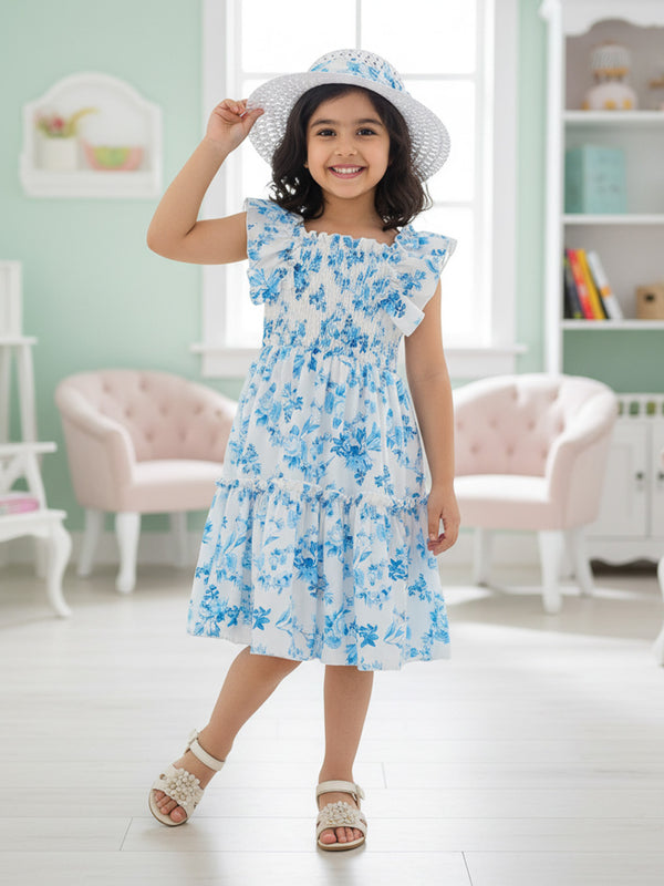 Glamgait White Floral Printed Flared Sleeve Girls Dress