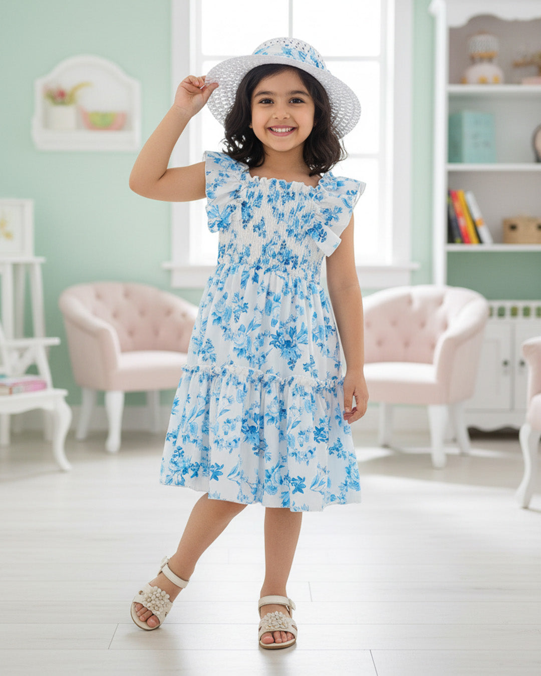 Glamgait White Floral Printed Flared Sleeve Girls Dress