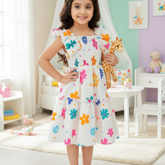 Girls White Floral Print Ruffle Sleeve Party Dress