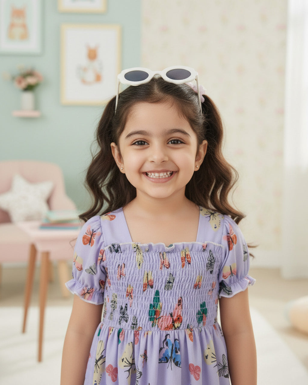 Glamgait Purple Color Butterfly Printed Short Sleeve Kids Dress