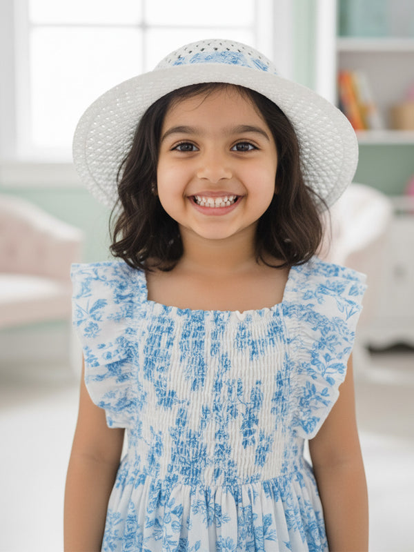 Glamgait White Floral Printed Flared Sleeve Girls Dress