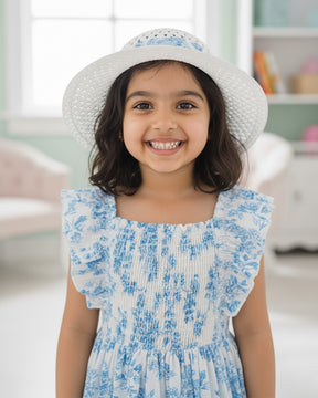 Glamgait White Floral Printed Flared Sleeve Girls Dress